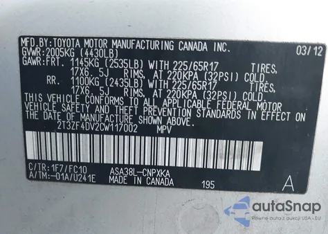 2012 Toyota Rav4 from USA, damaged, VIN 2T3ZF4DV2CW117002